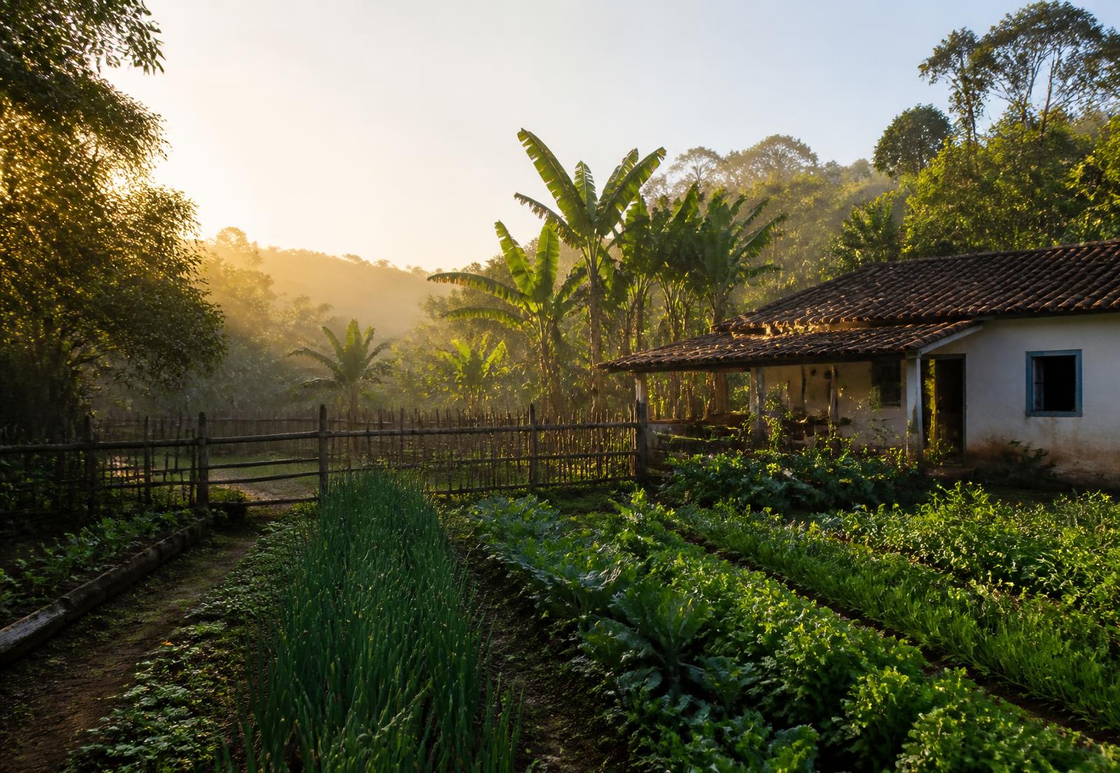 Horta e casa de uma pequena propriedade rural brasileira ao amanhecer