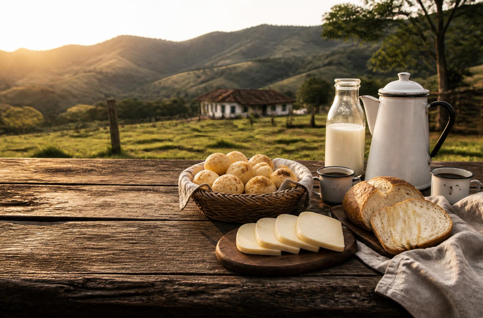 Mesa com pão, queijo, café e leite da roça